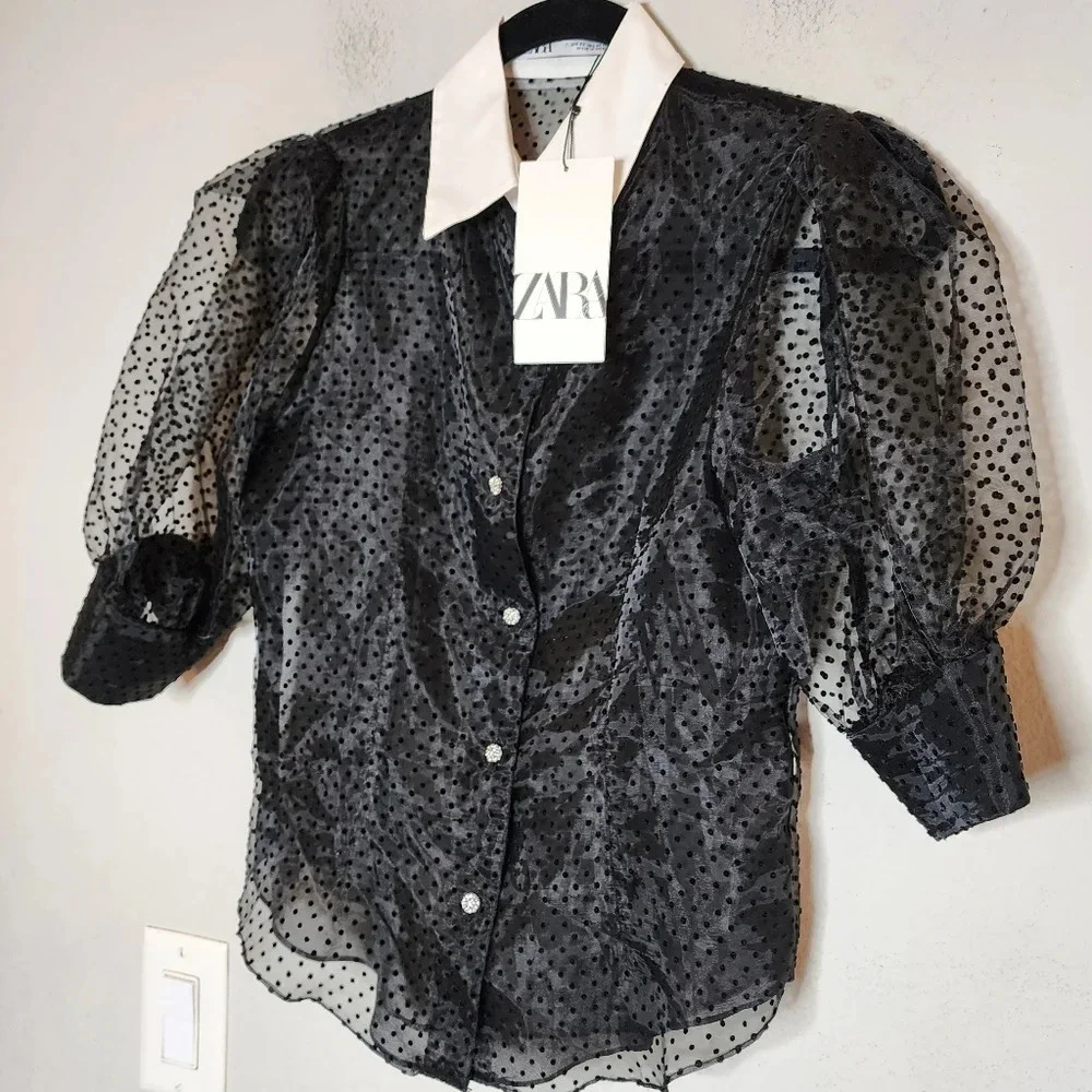NWT Zara Jewel Button Black Sheer Velvet Dot Puff Sleeve Blouse Top Size Small